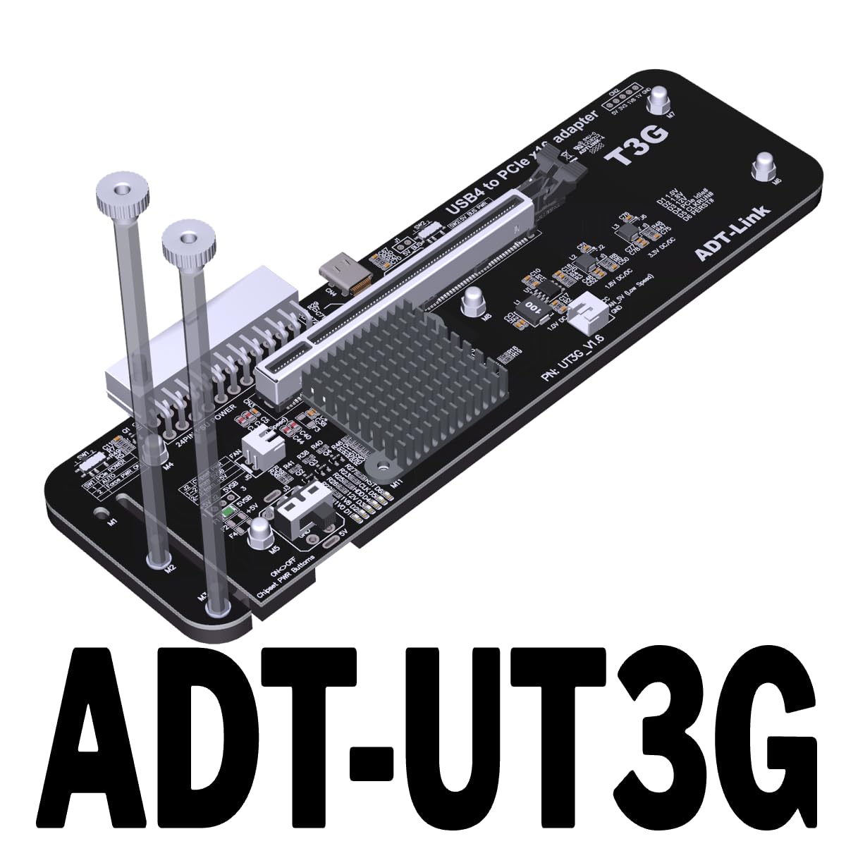 JMT ADT-UT3G eGPU adapter showing PCIe x16 connection to laptop.