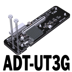 JMT ADT-UT3G eGPU adapter showing PCIe x16 connection to laptop.