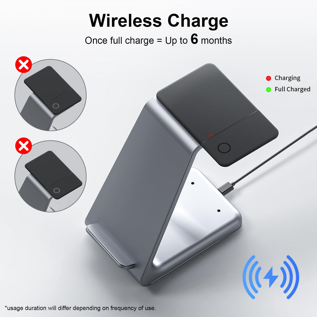 Jnconser Wallet Tracker Card on a wireless charger highlighting rechargeable design