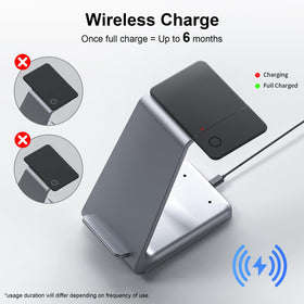 Jnconser Wallet Tracker Card on a wireless charger highlighting rechargeable design