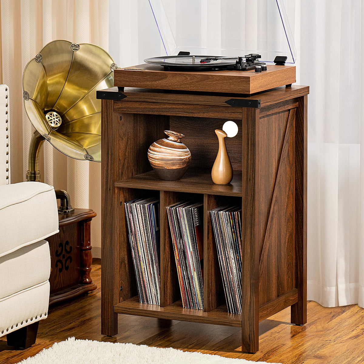 Joaxswe record player stand back panel cable hole keeps wiring tidy.