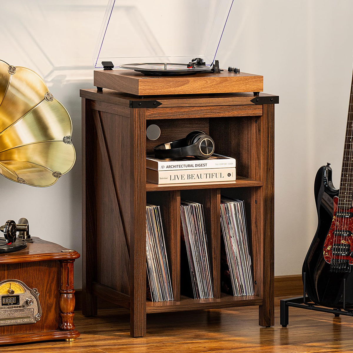 Joaxswe record player stand corner guards protect edges with rustic farmhouse style.