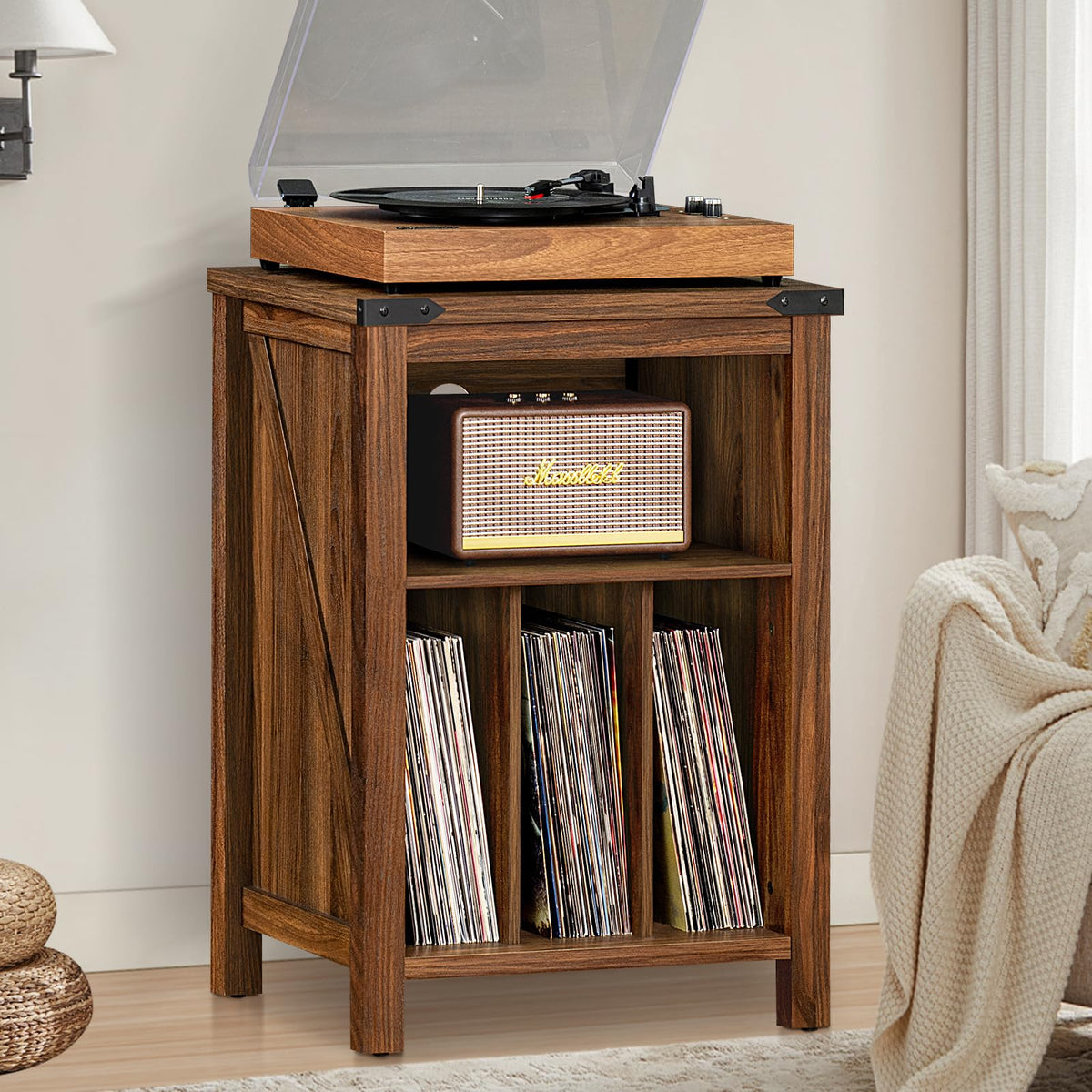 Joaxswe record storage shelves wooden finish ideal for organizing albums.
