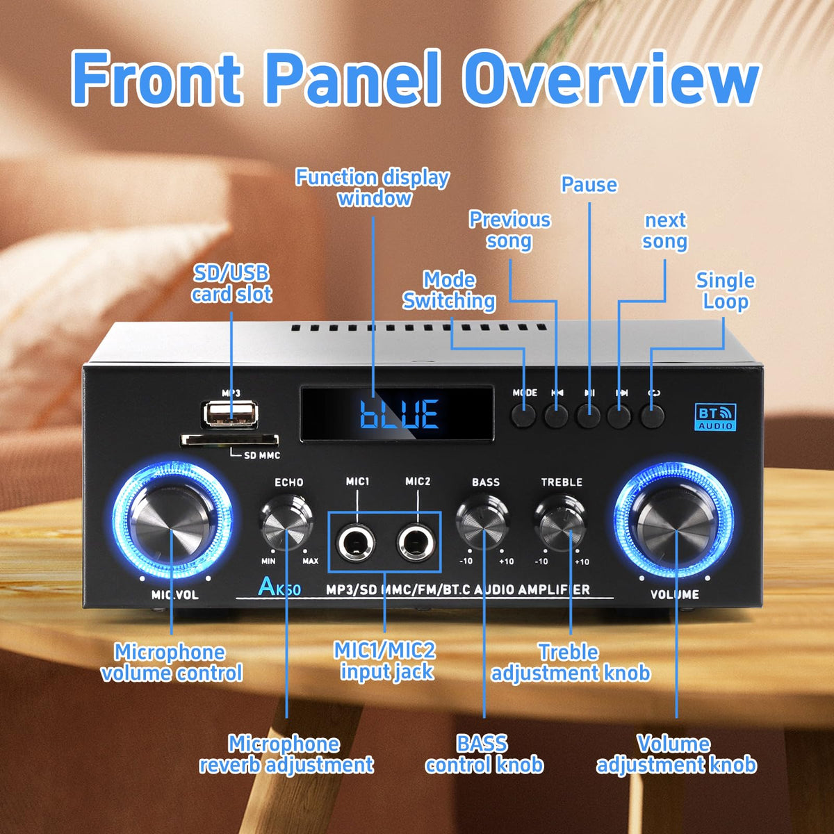 Joengoep AK50 rear connections with speaker outputs, sub out and RCA inputs for flexible setup