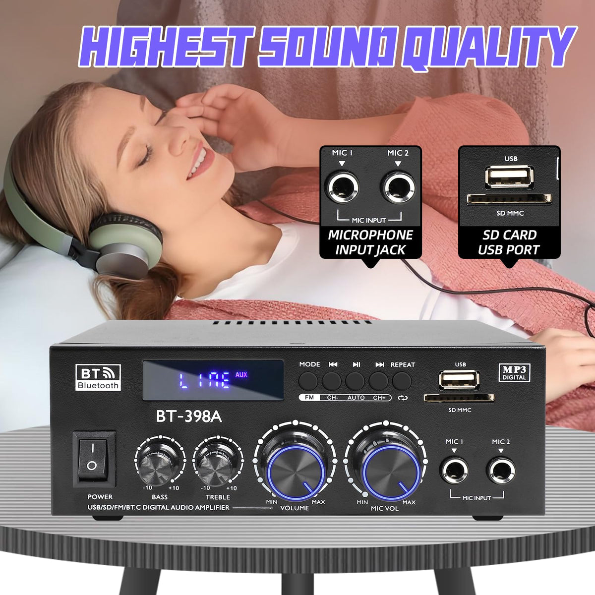 Joengoep BT-398A USB and SD slot close view showing direct MP3 and WAV playback capability
