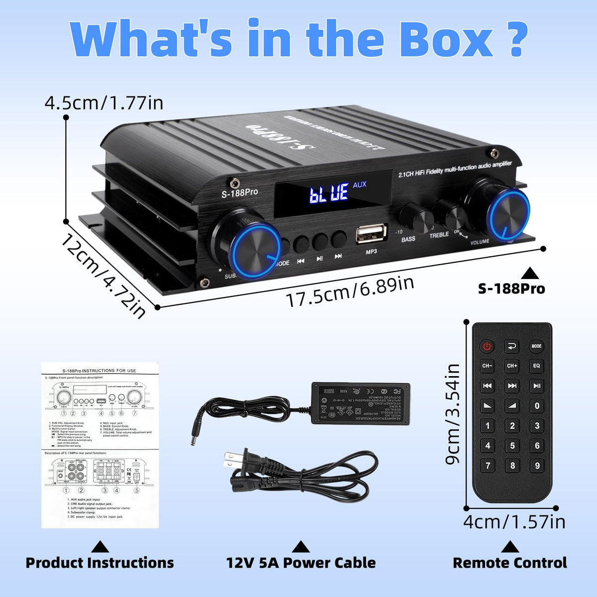 Joengoep amplifier beside 12V 5A adapter showing compact power setup