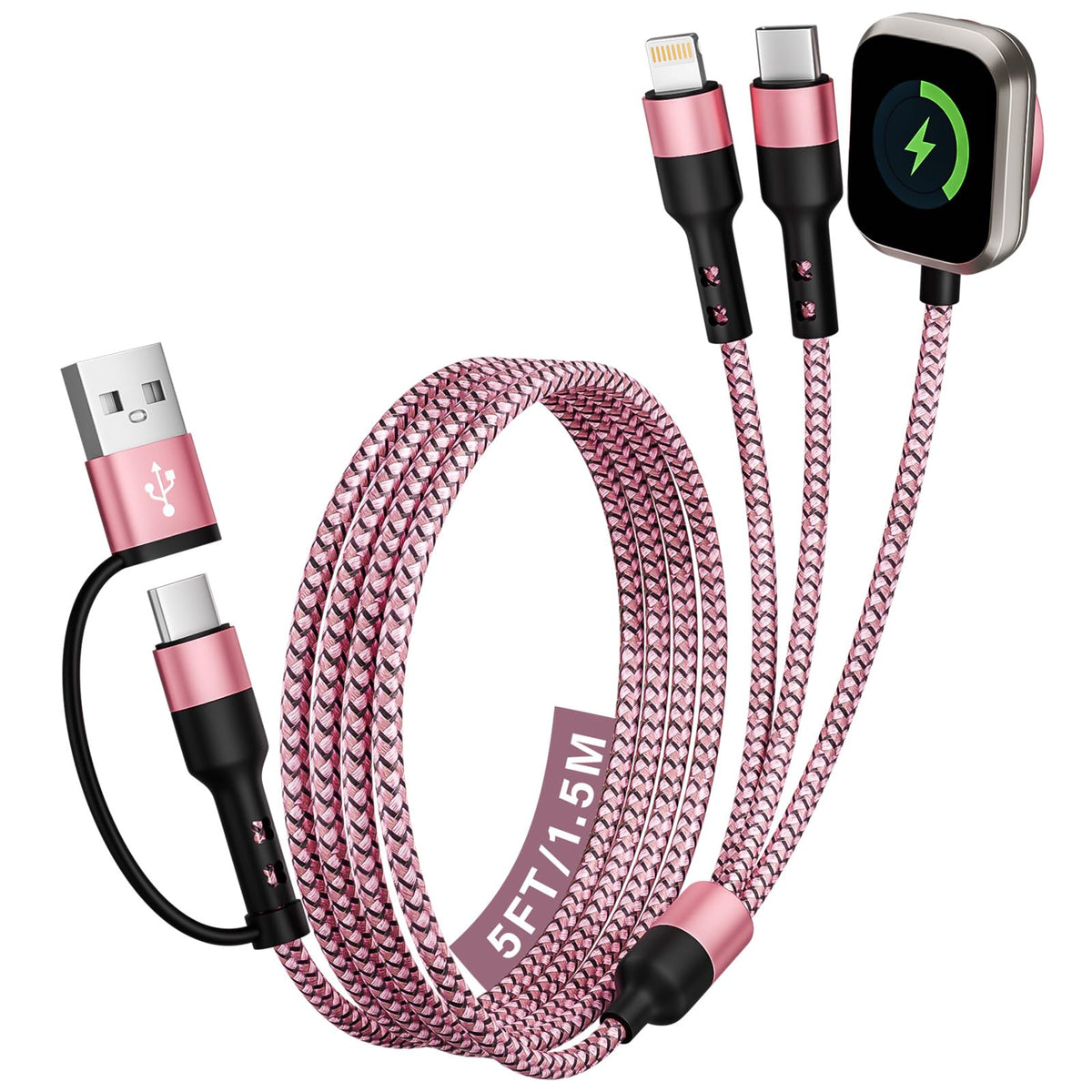 Jogrytece 3-in-2 cable in use powering iPhone and iWatch on the go.