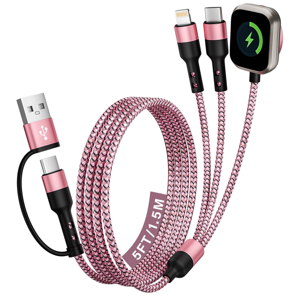 Jogrytece 3-in-2 cable in use powering iPhone and iWatch on the go.
