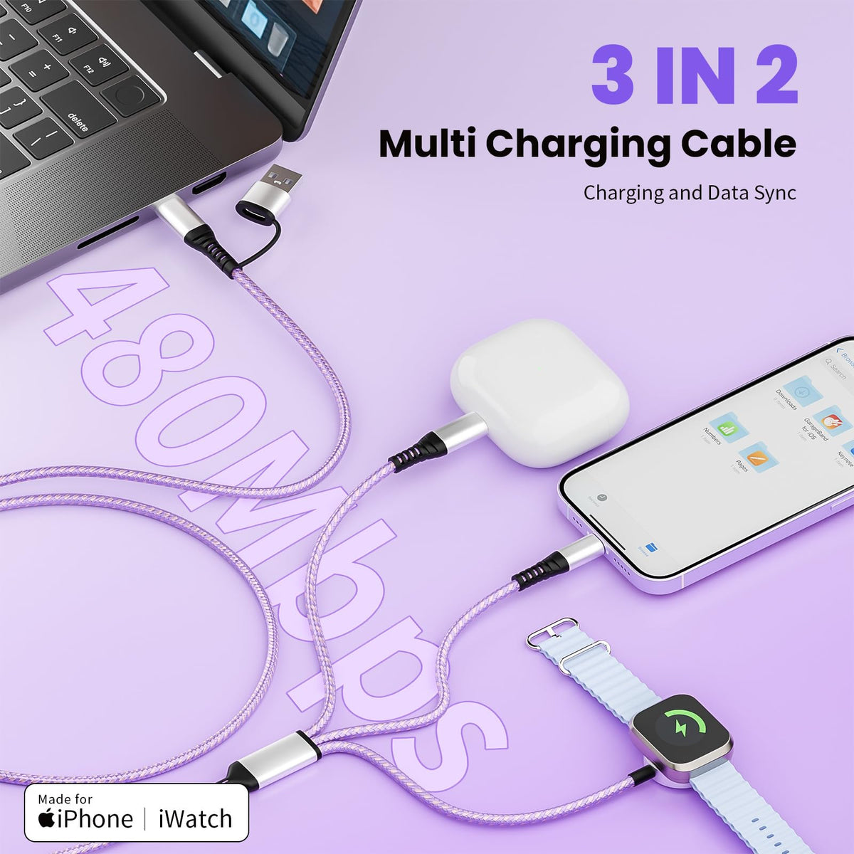 Jogrytece 3in2 multi-cable charges iPhone and iWatch together, USB-A included