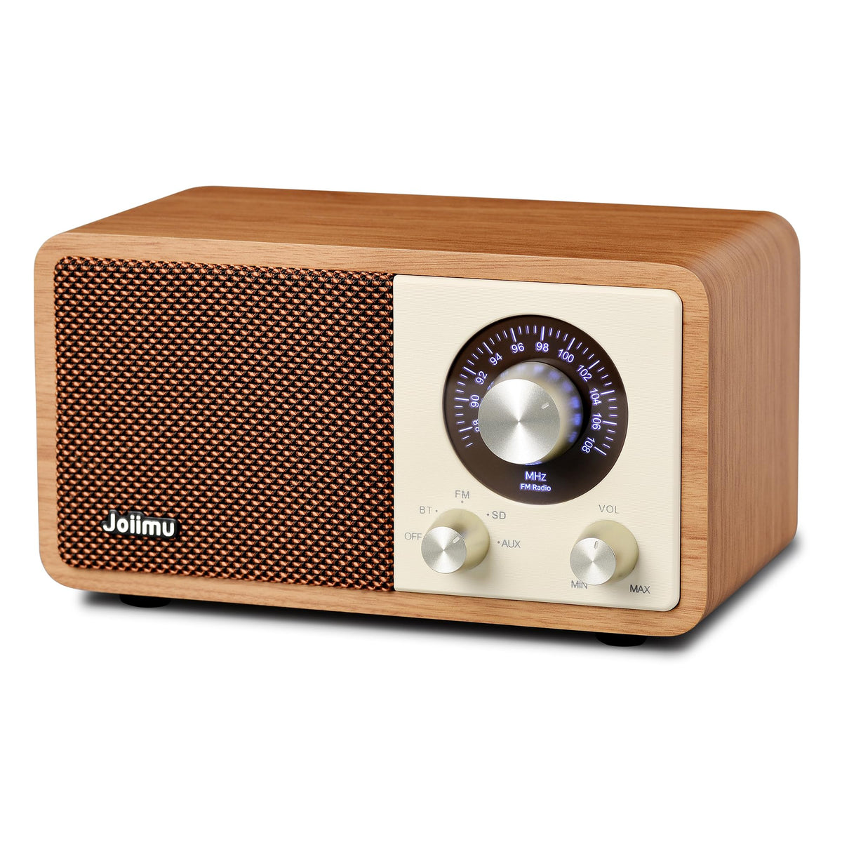 Joiimu front view showing retro wood grain and speaker face for warm decor