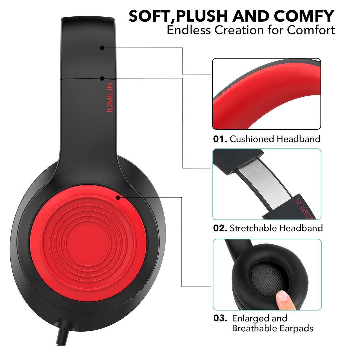 JOMILIN R10 padded headband detail for reduced listening fatigue