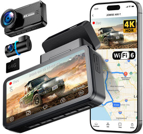 JOMISE 4K dash cam front view for clear plates and signs.