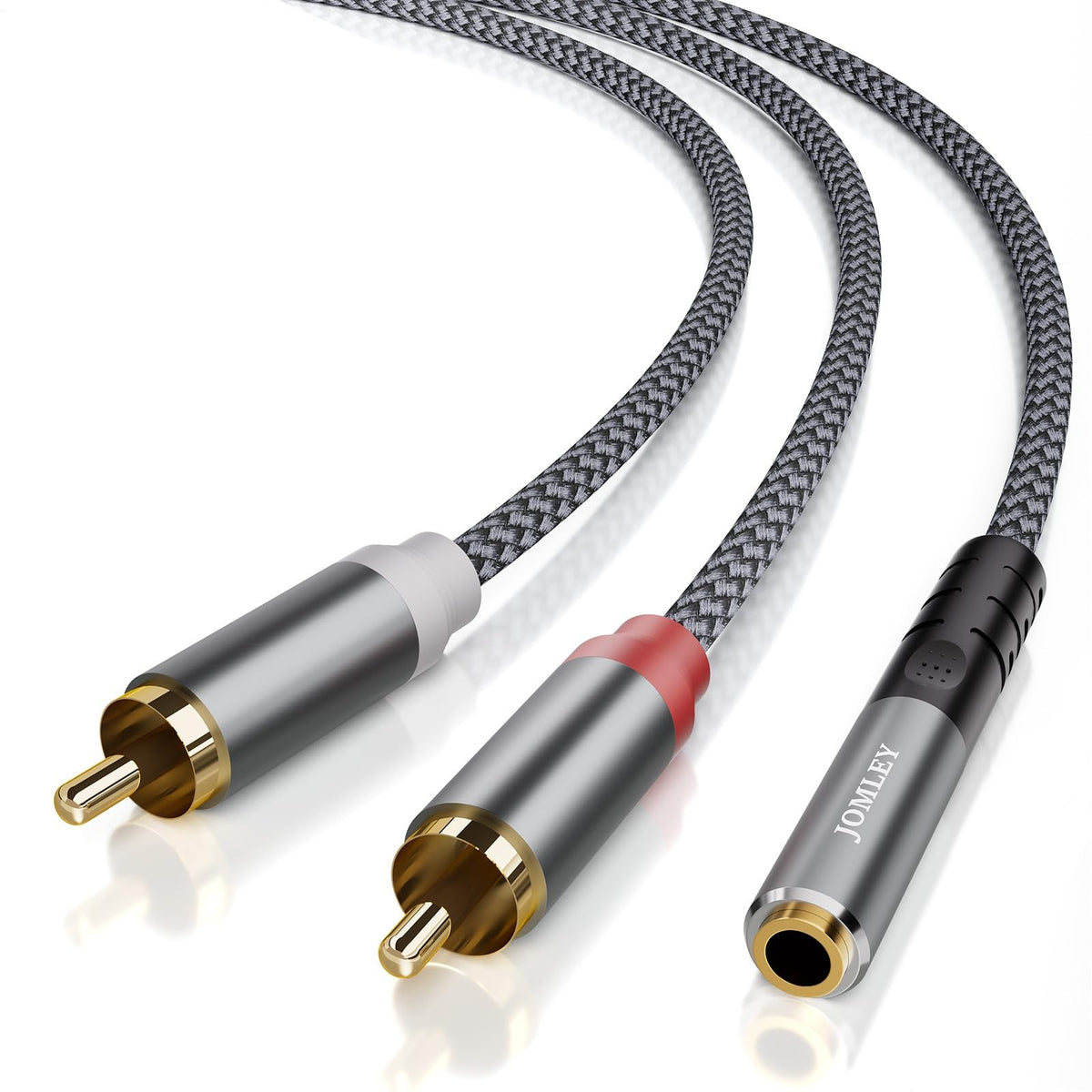 JOMLEY front view showing 3.5mm female and dual RCA connectors for reliable connections