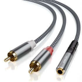 JOMLEY front view showing 3.5mm female and dual RCA connectors for reliable connections