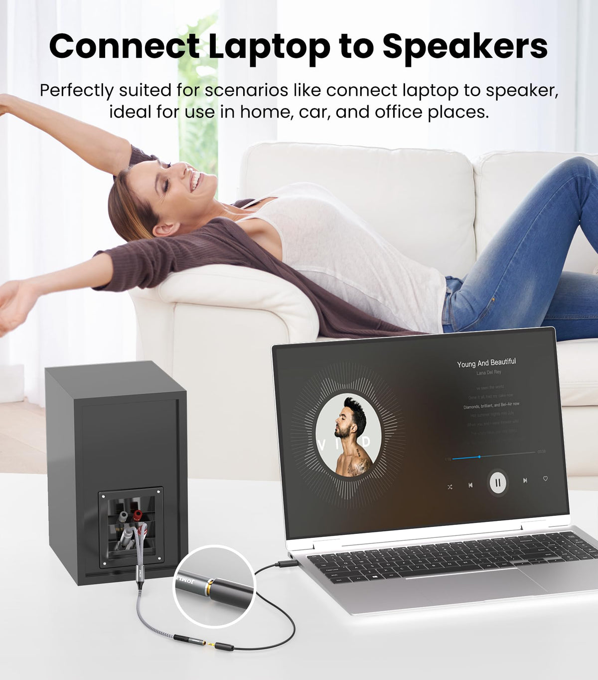 JOMLEY retail packaging of the audio adapter representing organized storage