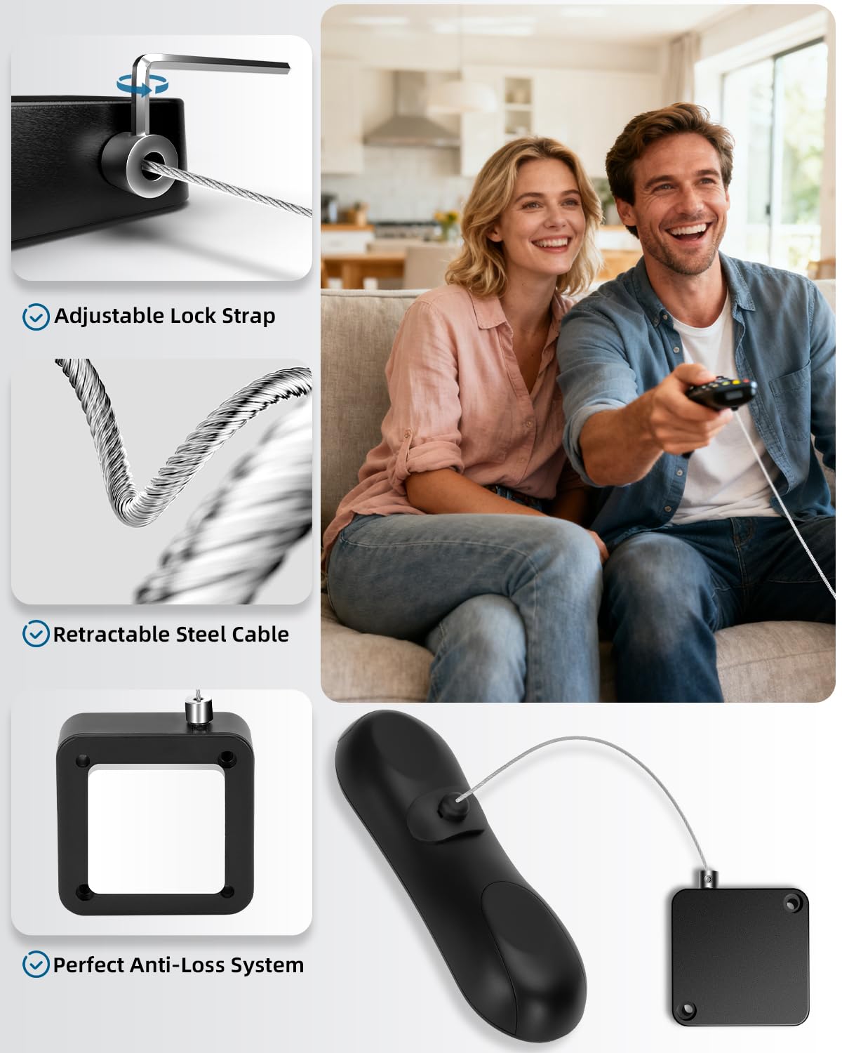 Joogto tether attached to a TV remote showing easy access and security