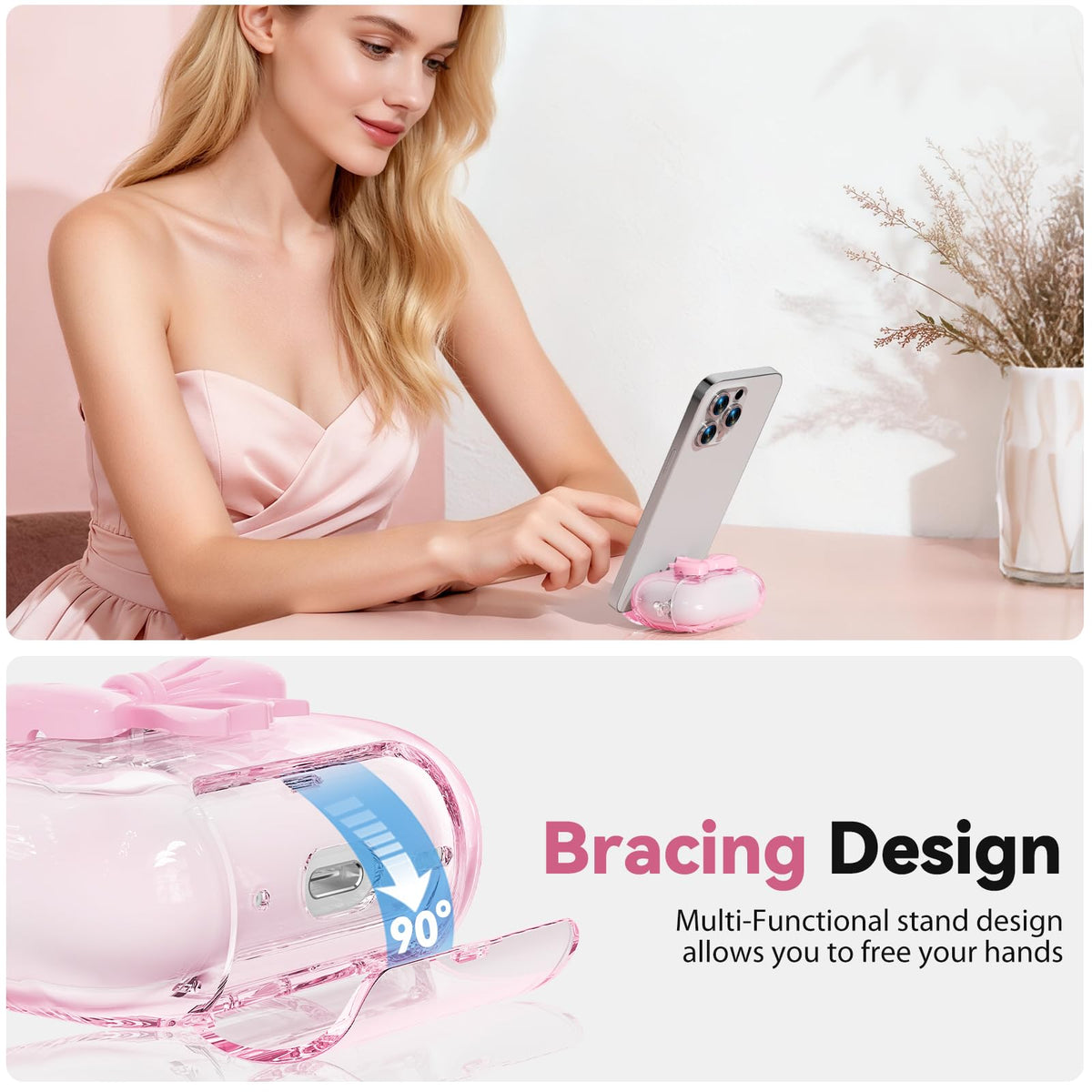 Joremx AirPods 4 pink case with stand for hands-free use