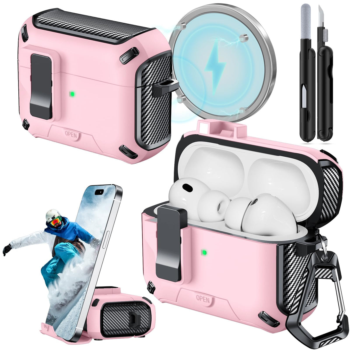 JOREMX AirPods Pro 3 Case in carbon fiber pink protects with a stylish, premium look.