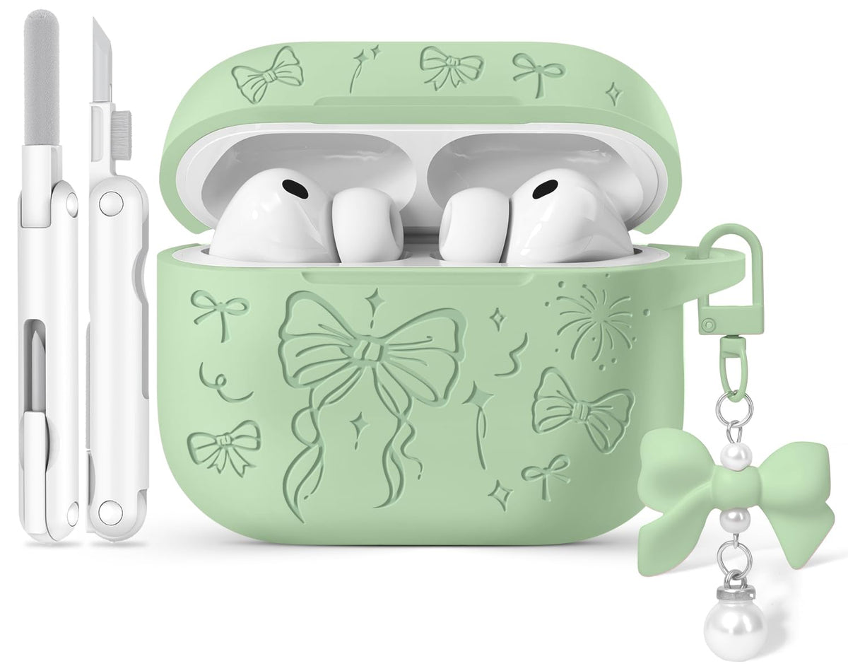 Joremx AirPods Pro 3 case cream green with engraved bow for elegant protection.