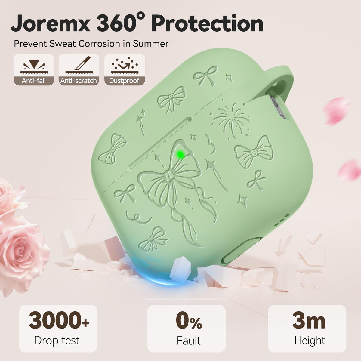 Joremx AirPods Pro 3 case engraved bow close-up with fade-resistant pattern.
