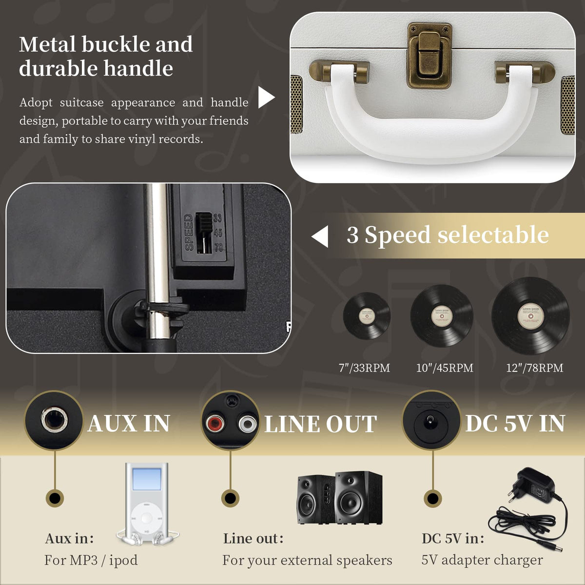JORLAI back panel with battery and RCA ports highlighting connectivity and expansion benefit