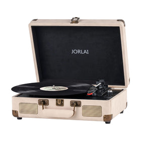 JORLAI front view of suitcase turntable showing compact portability and vintage style