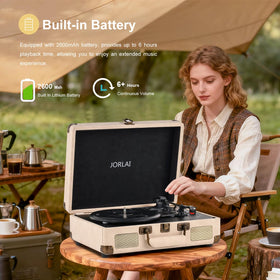 JORLAI portable turntable in use at a picnic showing battery-powered outdoor audio