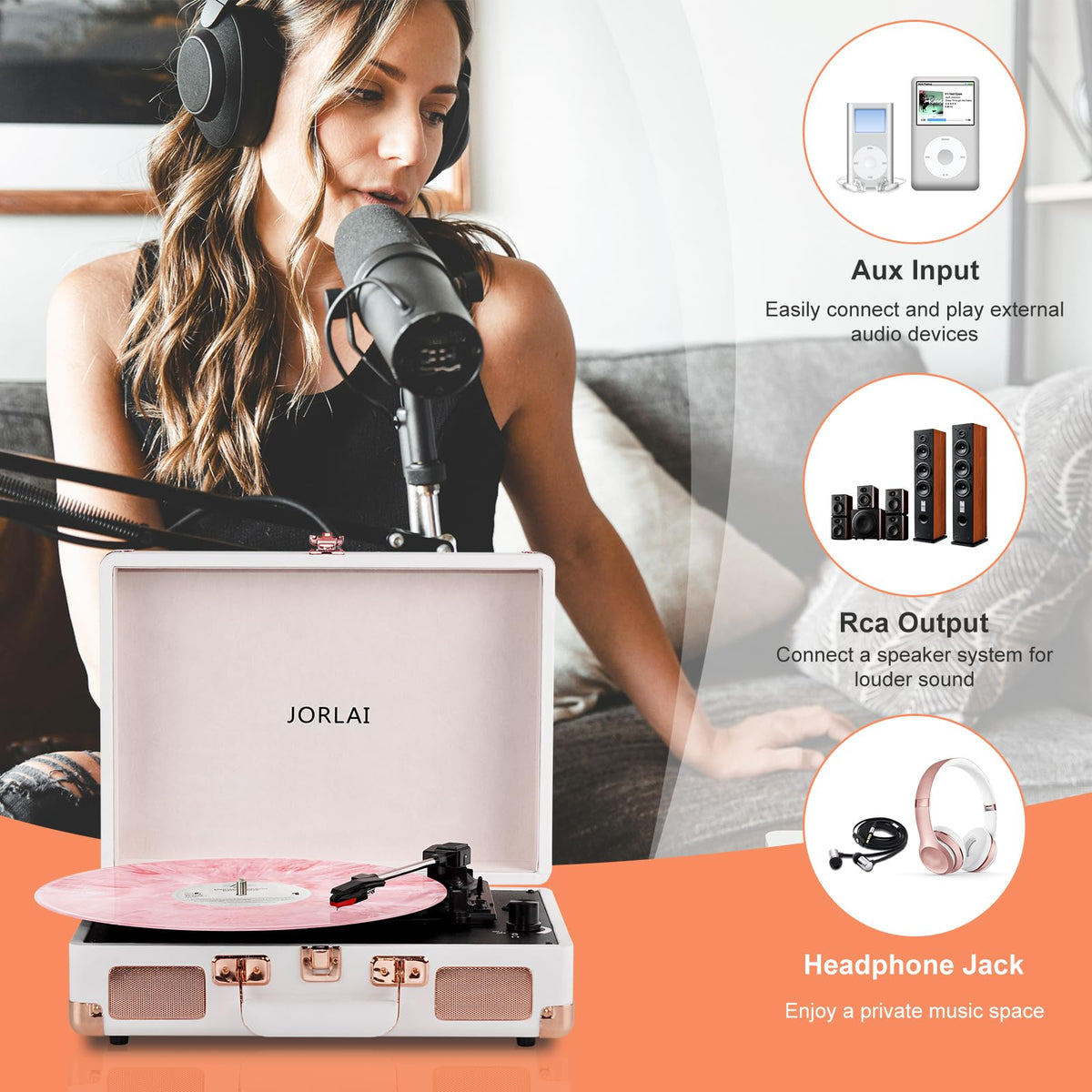 JORLAI turntable in use at a picnic illustrating rechargeable battery freedom