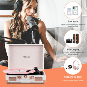 JORLAI turntable in use at a picnic illustrating rechargeable battery freedom