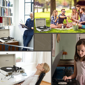 JORLAI in outdoor lifestyle scene with record player conveying portability and shared music benefit