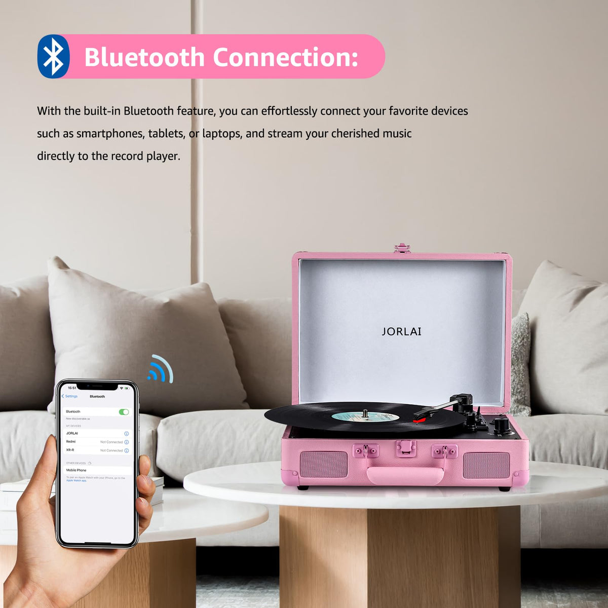 JORLAI open record player in use at a picnic illustrating portable listening