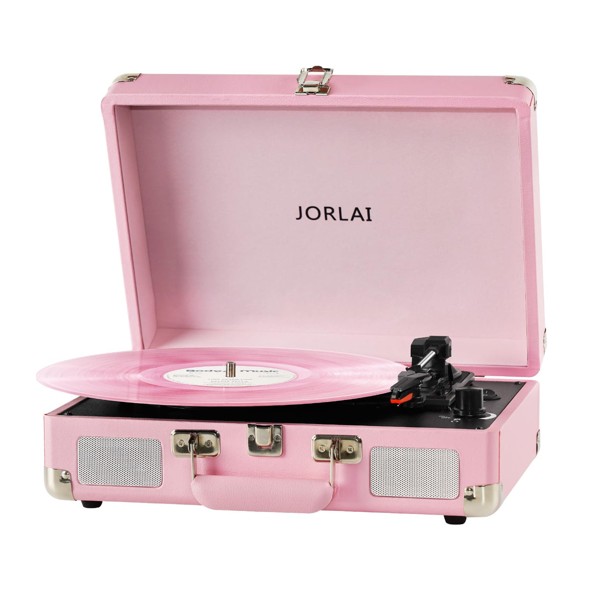 JORLAI front view suitcase turntable showing pink casing and handle, portable convenience