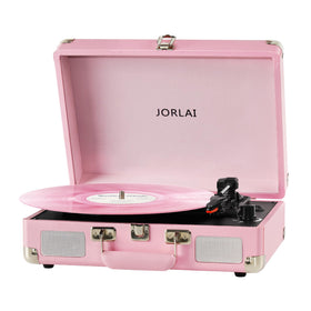 JORLAI front view suitcase turntable showing pink casing and handle, portable convenience