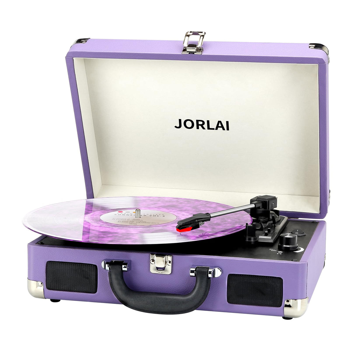 JORLAI purple suitcase record player front view showcasing portability and retro style
