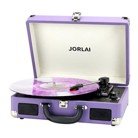 JORLAI purple suitcase record player front view showcasing portability and retro style