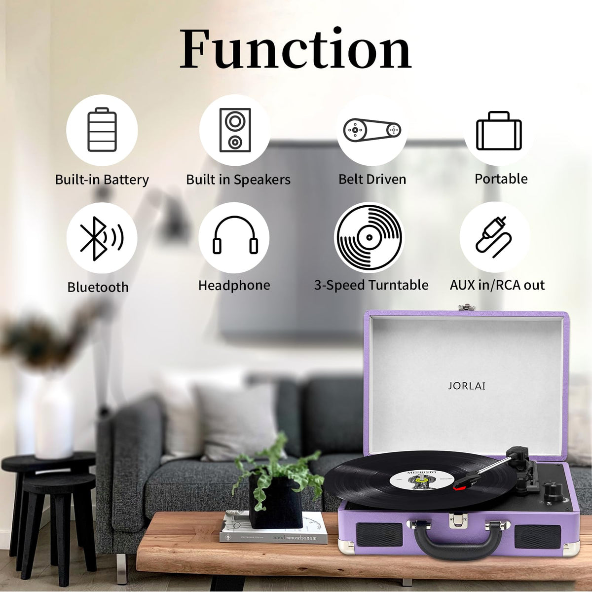 JORLAI turntable open showing platter and tonearm for accurate playback