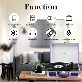JORLAI turntable open showing platter and tonearm for accurate playback