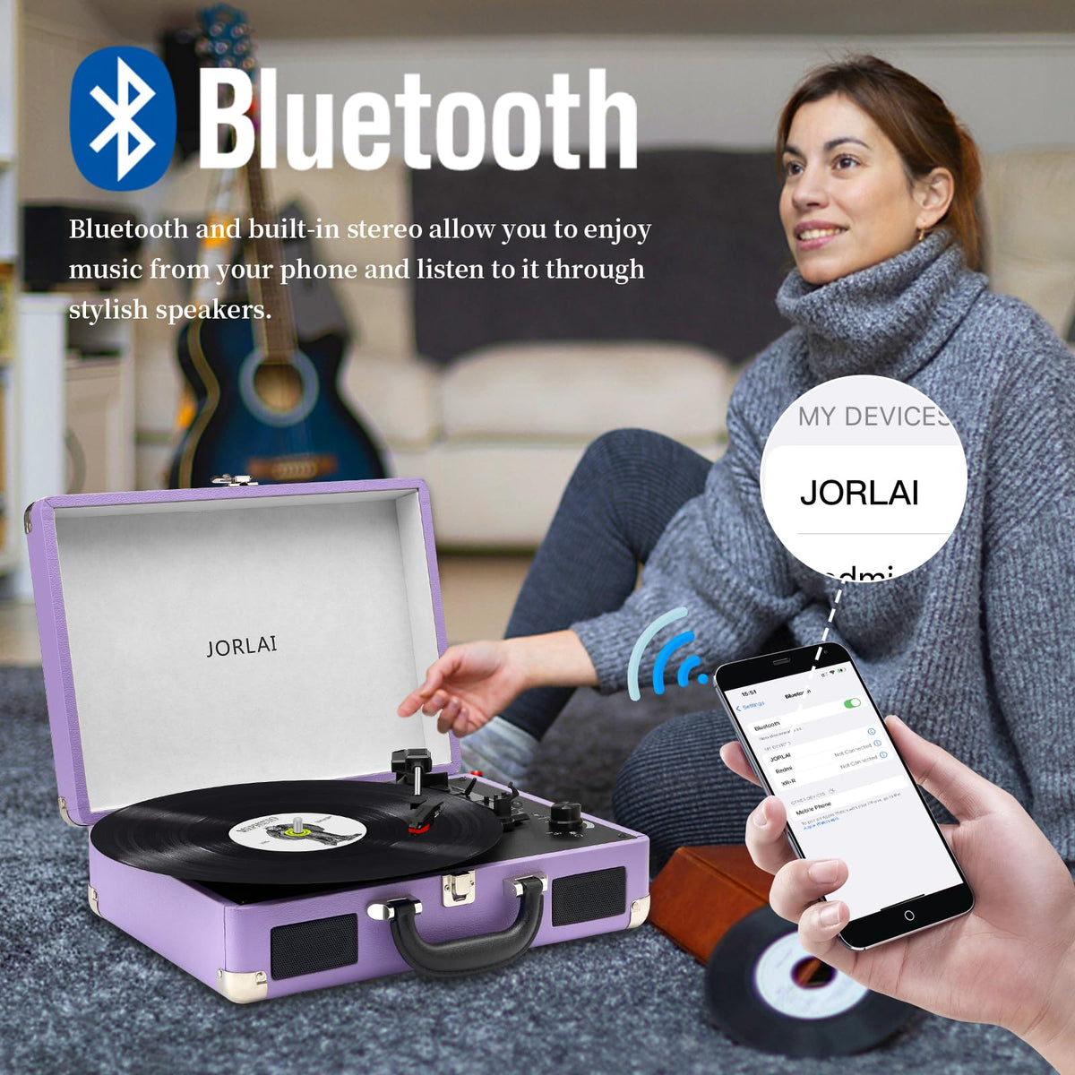 JORLAI built-in speaker grille and control panel showing quick, plug-and-play listening