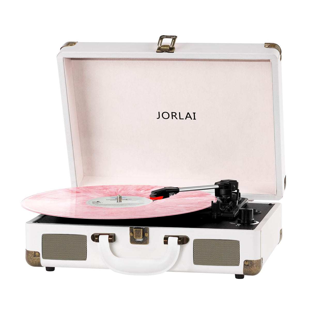 JORLAI front-closed white suitcase turntable showing portable design and vintage style benefit