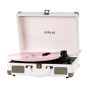 JORLAI front-closed white suitcase turntable showing portable design and vintage style benefit