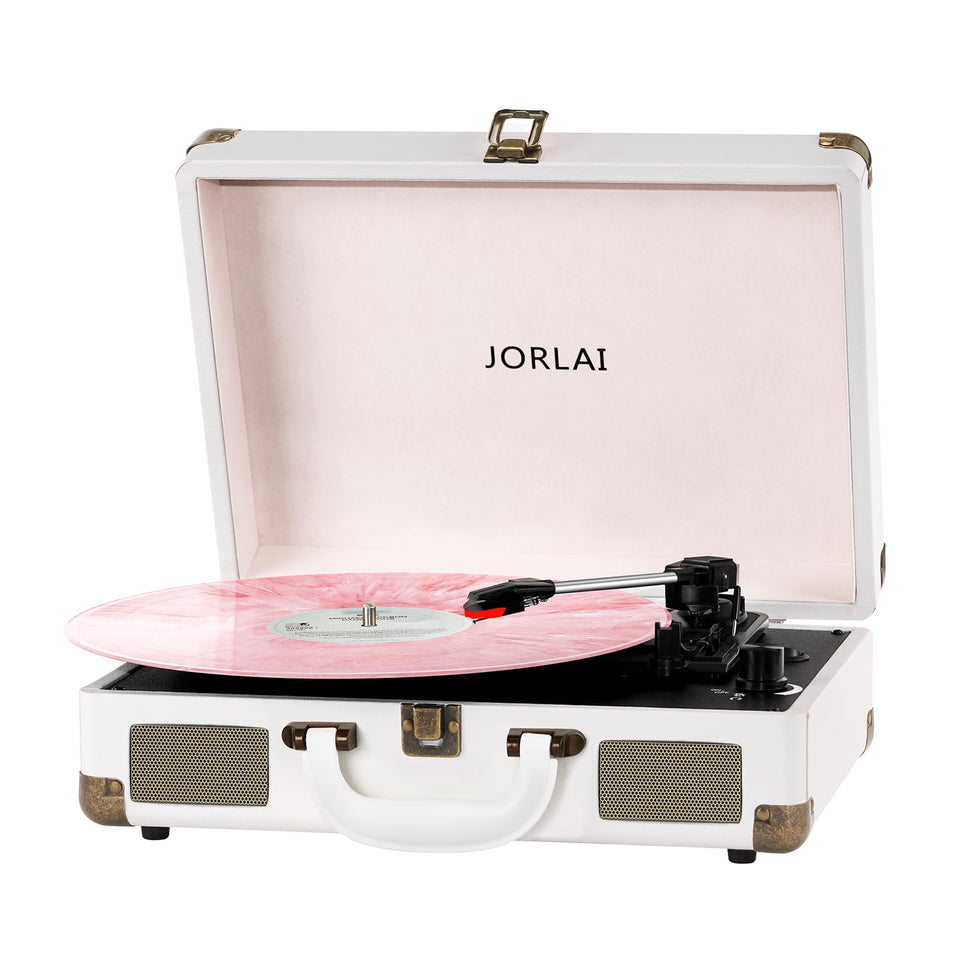 JORLAI front-closed white suitcase turntable showing portable design and vintage style benefit
