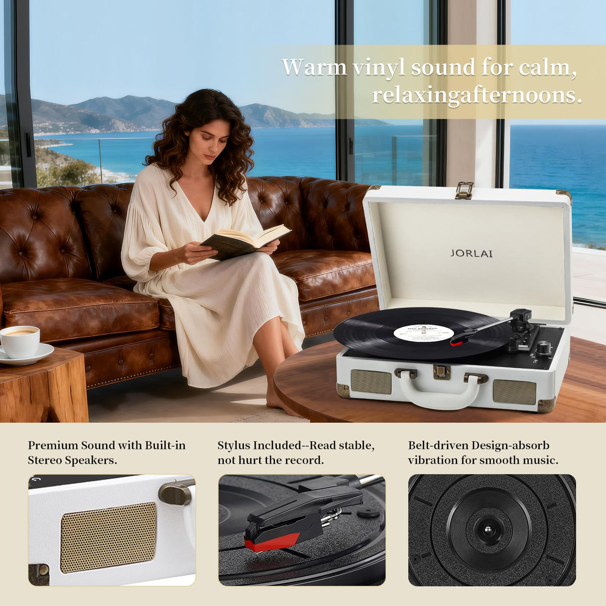 JORLAI stereo speakers and control knobs detail showing easy operation and clear sound benefit
