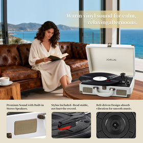 JORLAI stereo speakers and control knobs detail showing easy operation and clear sound benefit