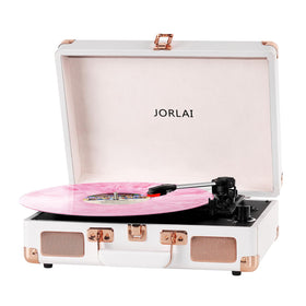 JORLAI suitcase turntable front view showing retro design and portability benefits