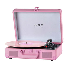 JORLAI suitcase turntable front view showing retro design and easy portability