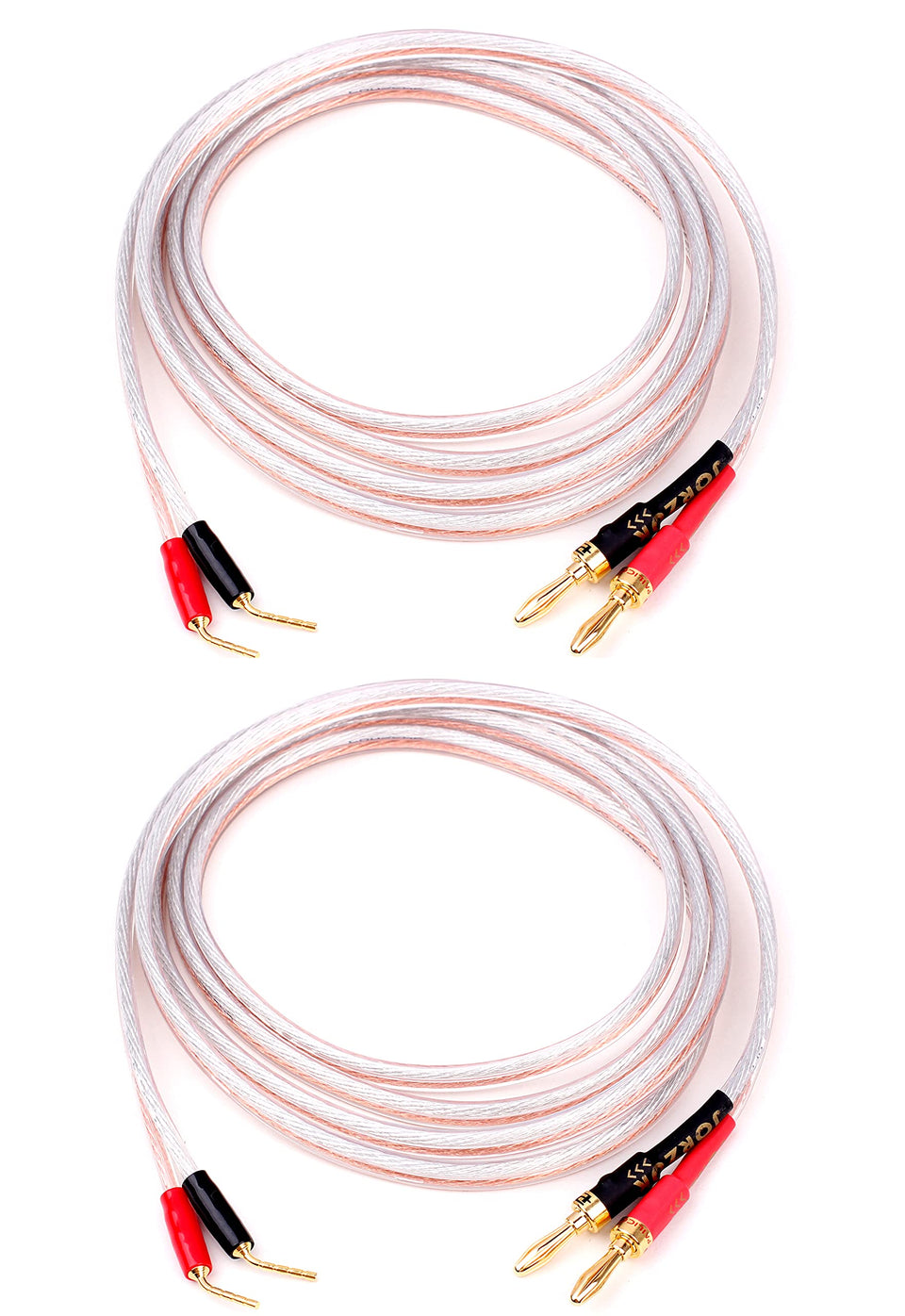 JORZOR 2-pack pin-type to banana plug speaker cable with gold-plated connectors for clear signal transmission.