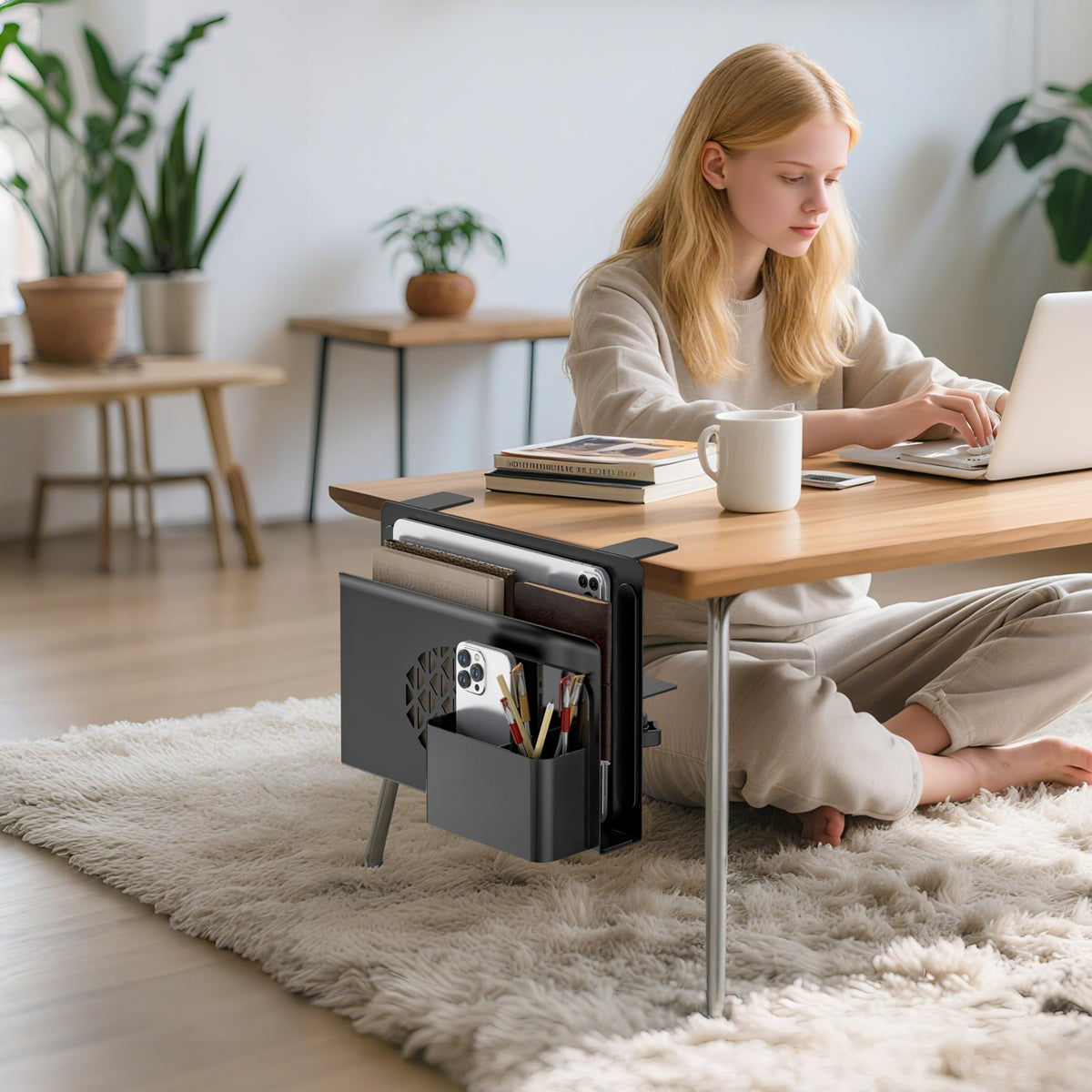Josmimic Desk Side Storage showing vertical laptop slot for device placement