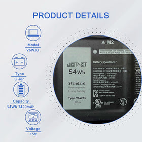 JOTACT V6W33 cell label detail highlighting 54Wh capacity and manufacturing quality