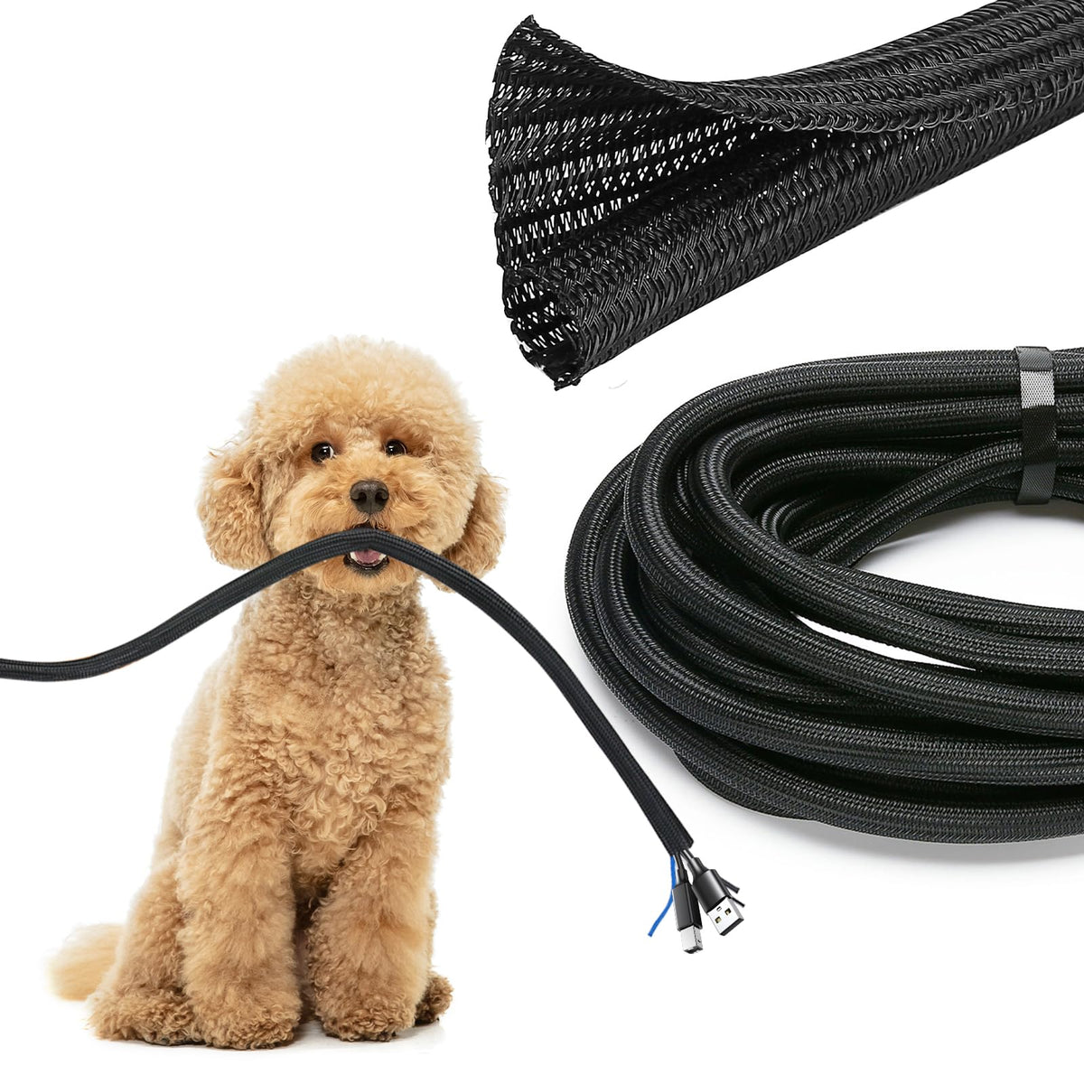 JOTO 26ft cable sleeve with zipper organizes behind a television.