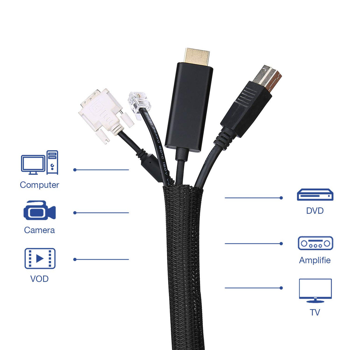 JOTO black cable sleeve blends with furniture and hides wires.